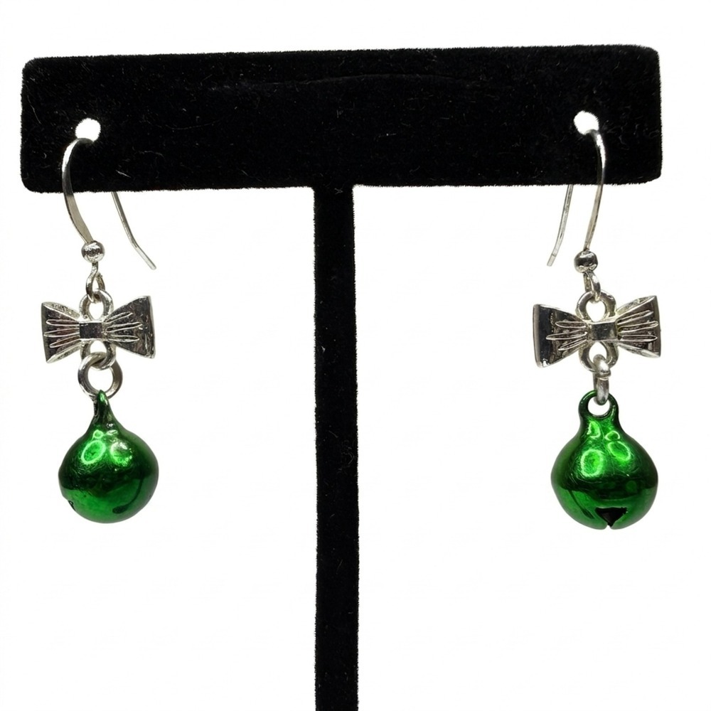 Silver Tone Christmas Holiday Green Jingle Bell Bow Dangle Drop Earrings Jewelry